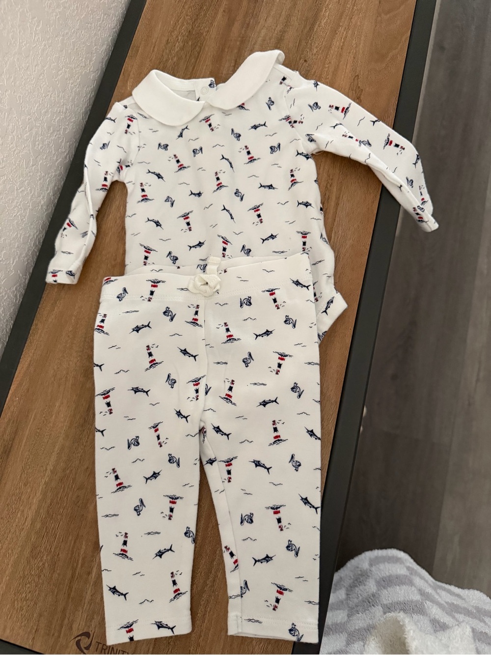 Janie and Jack Cream Nautical Lighthouse & Shark Print Two-Piece Set